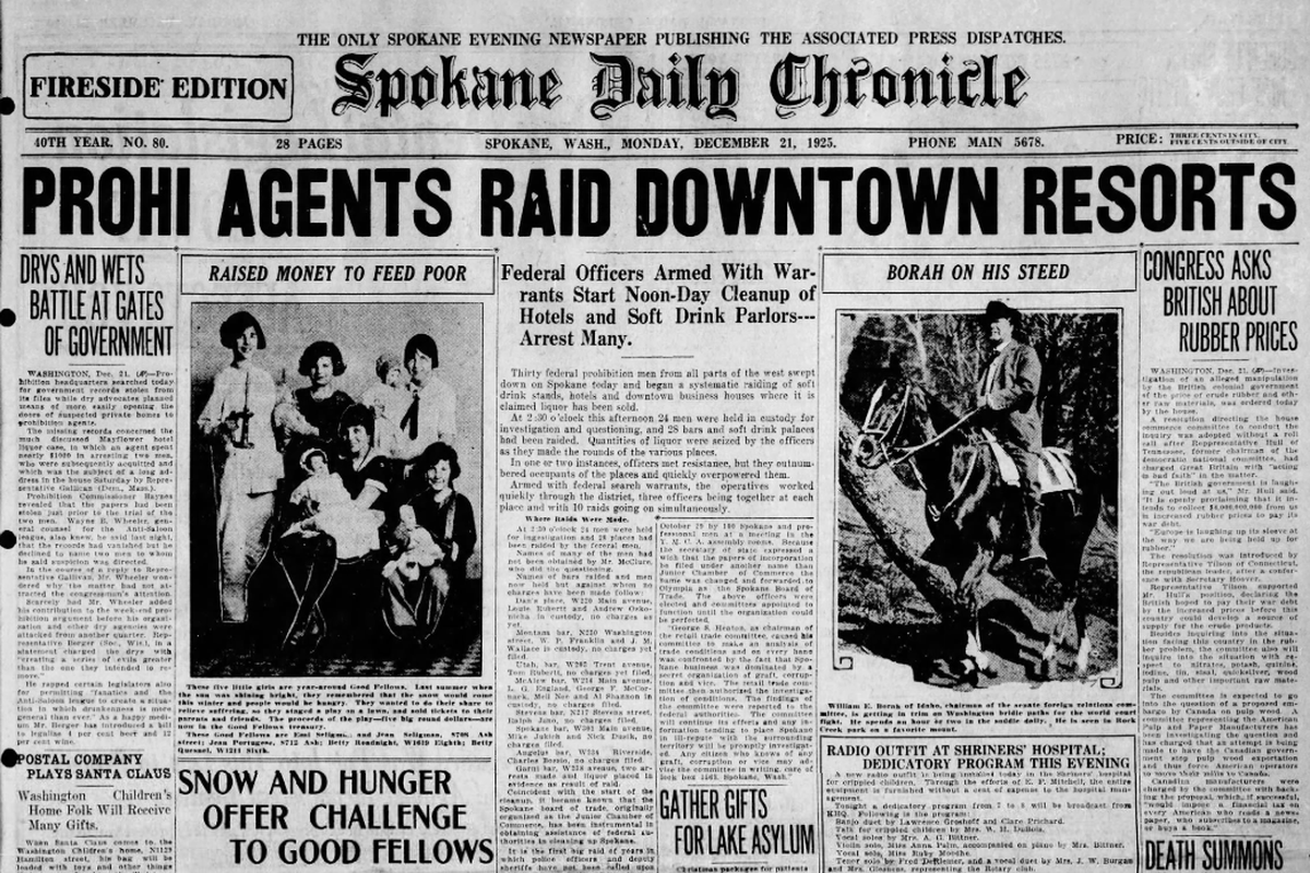 About 30 federal Prohibition agents conducted a massive raid of Spokane’s downtown hotels, bars and “soft drink stands,” the Spokane Daily Chronicle reported on Dec. 21, 1925. The newspaper also ran a picture of Sen. William Borah of Idaho on horseback at Rock Creek park in Washington D.C. The caption said Borah went horseback riding one or two hours a day. A new radio program was planned to be broadcast from Spokane’s Shriners hospital by KHQ. Violinists, banjo players and singers where among the guests scheduled on the first show.  (Spokesman-Review archives)