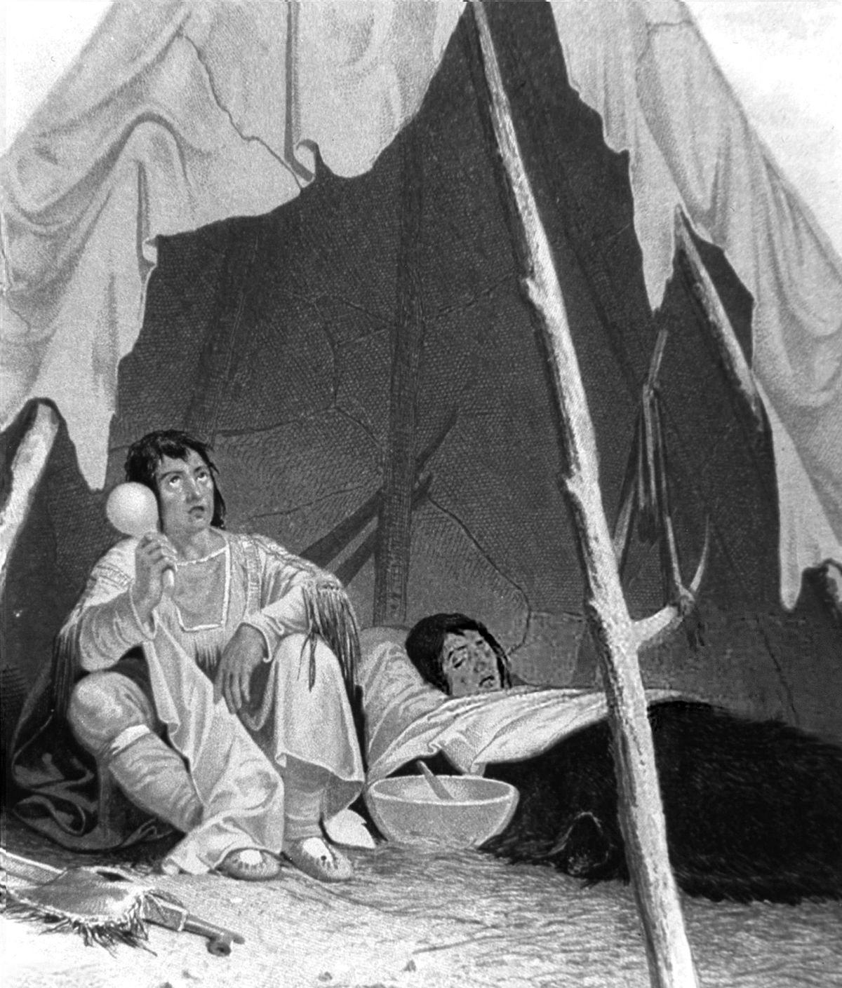 Nineteenth-century American artist’s conception of a medicine man caring for a sick American Indian, from an 1857 book illustration.  (National Library of Medicine)