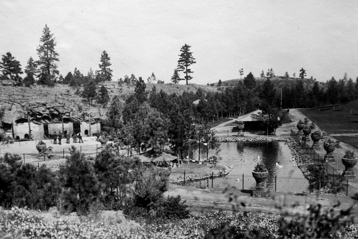 In this historic photo of the Manito Zoo, the bear enclosure is against the rocky cliff on the left. Over the years, the zoo enclosed deer, goats, elk, monkeys and bears. (PHOTO ARCHIVE / The Spokesman-Review photo archive)