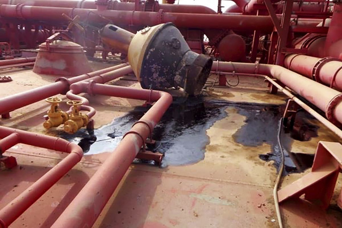 This image provided by I.R. Consilium, taken in 2019, shows the deck of the FSO Safer, indicating the lack of basic maintenance for several years, leading to incidental smaller spills, moored off Ras Issa port, Yemen.Houthi rebels are blocking the United Nations from inspecting the abandoned oil tanker loaded with more than one million barrels of crude oil. UN officials and experts fear the tanker could explode or leak, causing massive environmental damage to Red Sea marine life.  (HONS)