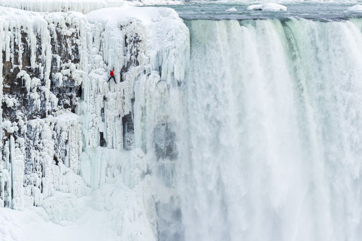 Will Gadd of Alberta, Canada, made the first ascent of Niagara Falls by climbing the frozen sections of Niagara