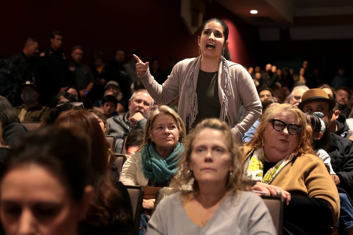 Resident Selisa Loll argues her point over concerns with the Environmental Protection Agency following the Eaton fire during a town hall meeting on Jan. 29 in Duarte, Calif.  (Wally Skalij)