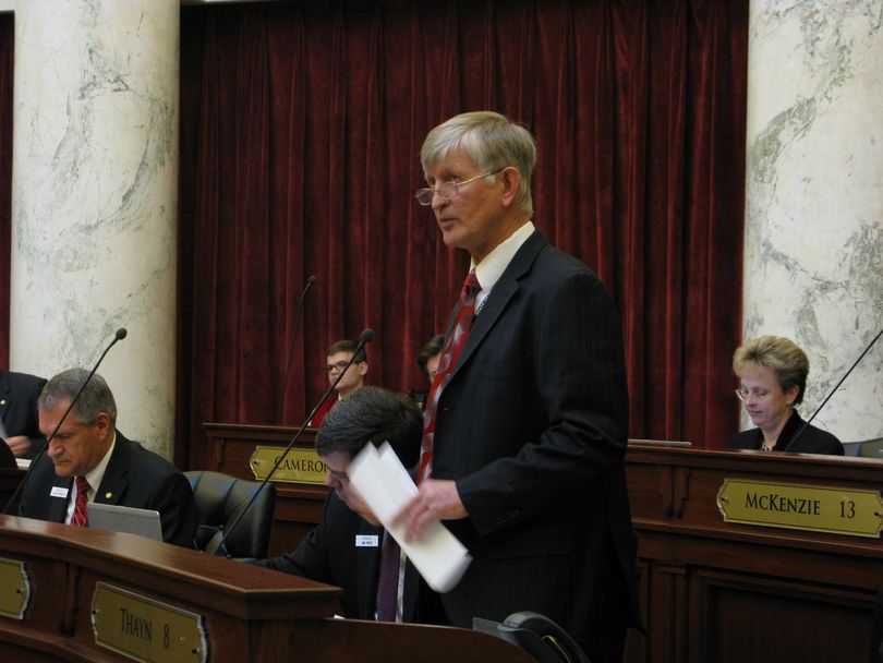 Sen. Steven Thayn, R-Emmett, debates against Gov. Butch Otter's health insurance exchange bill in the Senate on Thursday (Betsy Russell)