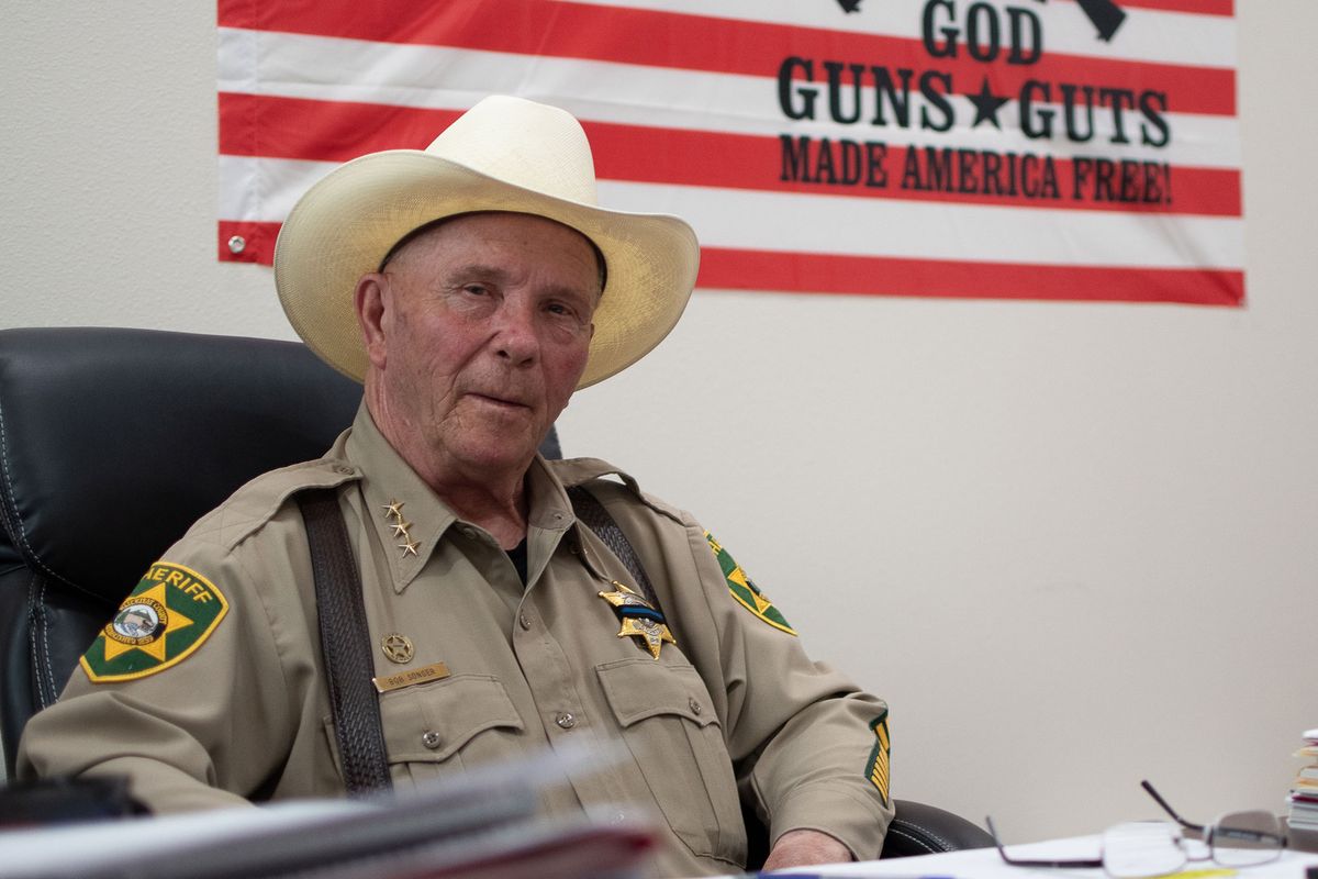 Klickitat County Sheriff Bob Songer talks in his office on July 5, 2023, in Goldendale, Wash. Songer is an advisory board member of the Constitutional Sheriffs and Peace Officers Association.  (Isaac Stone Simonelli/Arizona Center for Investigative Reporting)