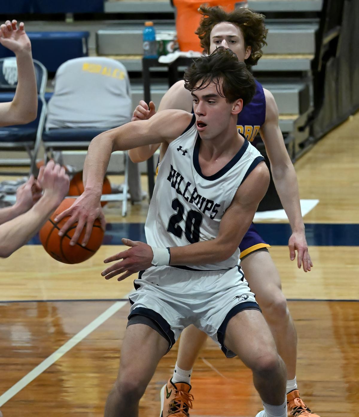 Gonzaga Prep guard Henry Sandberg passes during a District 8 4A first-round game against visiting Hanford on Feb. 10, 2023. (Colin Mulvany/The Spokesman-Review)