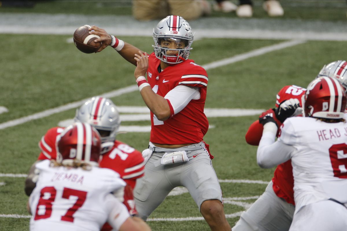 Ohio State quarterback Justin Fields has completed 90 of 113 passes (79.6%) for 1,208 yards and 13 touchdowns this season.  (Jay LaPrete)