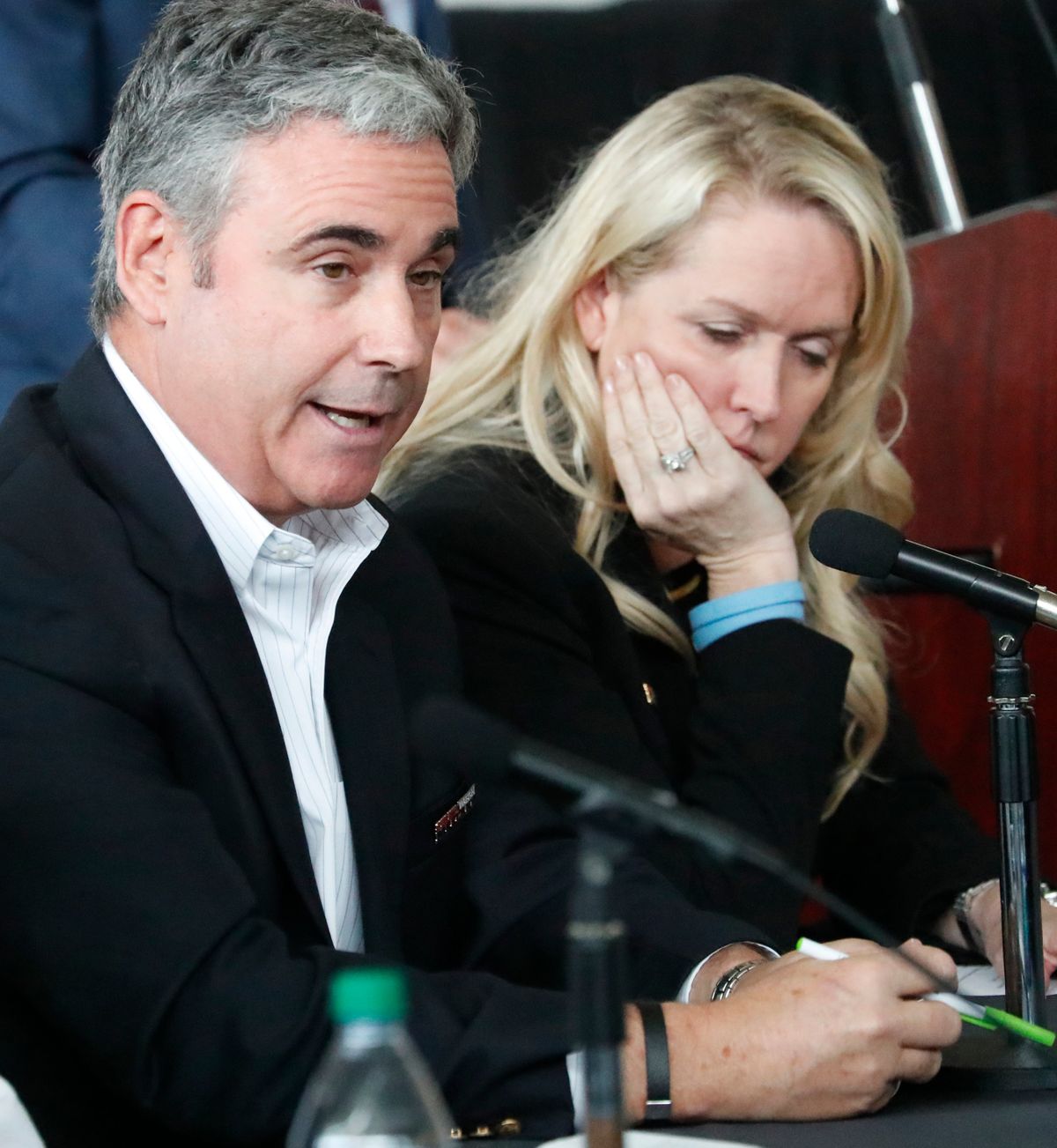 Parkland parent Tom Hoyer, speaks during to the Marjory Stoneman Douglas High School Public Safety Commission as his wife Gena, right, looks on, April 10, 2019, in Sunrise, Fla. Hoyer stood outside the Fort Lauderdale courtroom Wednesday, May 25, 2022 where jury selection is underway in the penalty phase of the gunman who killed his son Luke and 16 others at Marjory Stoneman Douglas High School in 2018. He said it