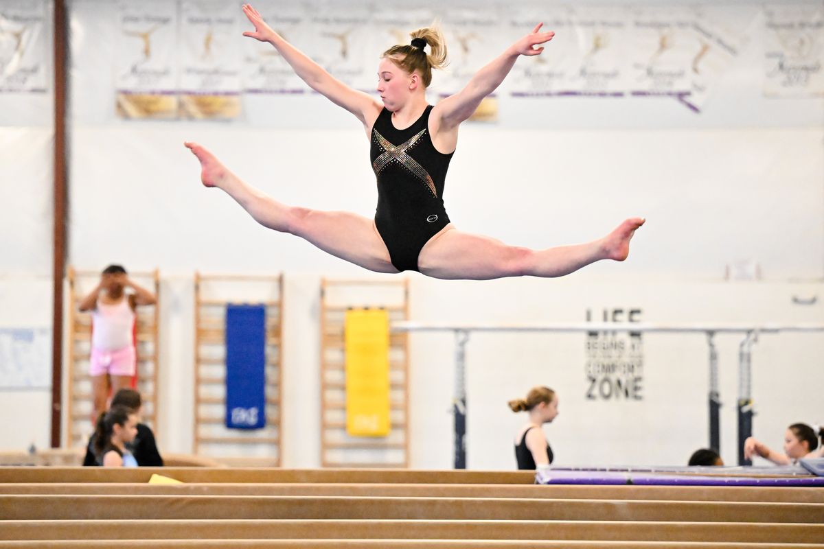 Spokane gymnast Rylin Zimmerman practices on Wednesday, May 11, 2022, at at Dynamic Athletic Center in Spokane, Wash.  (Tyler Tjomsland/The Spokesman-Review)