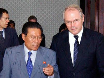 
Assistant U.S. Secretary of State Christopher Hill, right, is greeted by Ri Gun, vice director of North Korean Foreign Ministry's U.S. Affairs Department in Pyongyang, North Korea,  on Thursday. Associated Press
 (Associated Press / The Spokesman-Review)