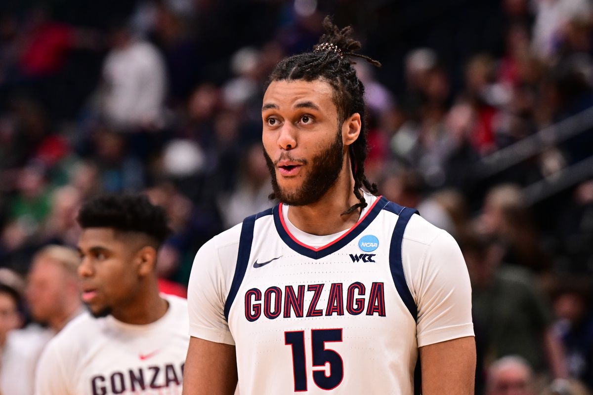 Gonzaga center Efton Reid III reacts during warmups before an NCAA Tournament first-round game against Grand Canyon at Ball Arena in Denver.  (By Tyler Tjomsland/The Spokesman-Review)