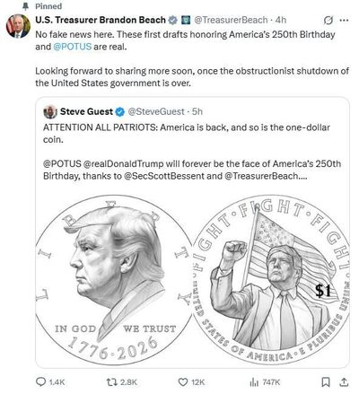Treasury Secretary Brandon Beach shares on Oct. 3, 2025, images of a proposed commemorative coin that the Trump administration wants as part of its effort to celebrate the 250th anniversary of America's founding.  (Treasury Department)