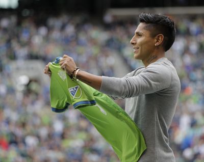 In this June 30, 2018 file photo, Seattle Sounders’ new designated player Raul Ruidiaz, of Peru, is introduced before an MLS soccer match in Seattle. Ruidiaz could play some minutes at Atlanta this Sunday for a Sounders team that is the second-worst goal scoring unit in the league. (Ted S. Warren / Associated Press)