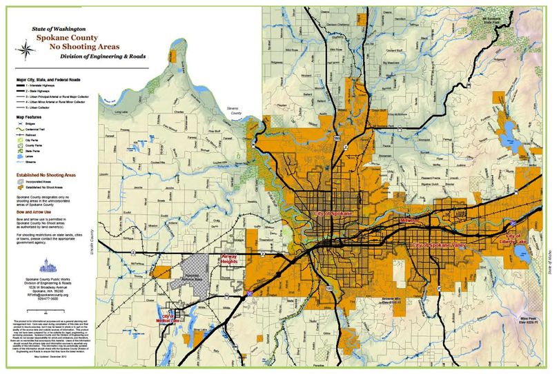 Map shows Spokane County no-shooting zones going into 2013.  Spokane County Commissioners were being petitioned in June 2013 to add two new no-shooting zones on DNR land off Korth Road near Newman Lake and off Starr Road near Mica Peak. (Spokane County)