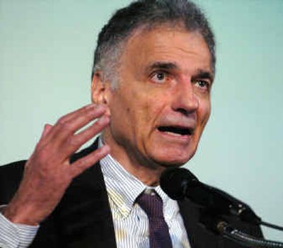 Ralph Nader speaks to supporters who gatherered to attempt to form a convention to nominate Nader as a presidential candidate, in Portland, Ore., in June.
(Associated Press / The Spokesman-Review)