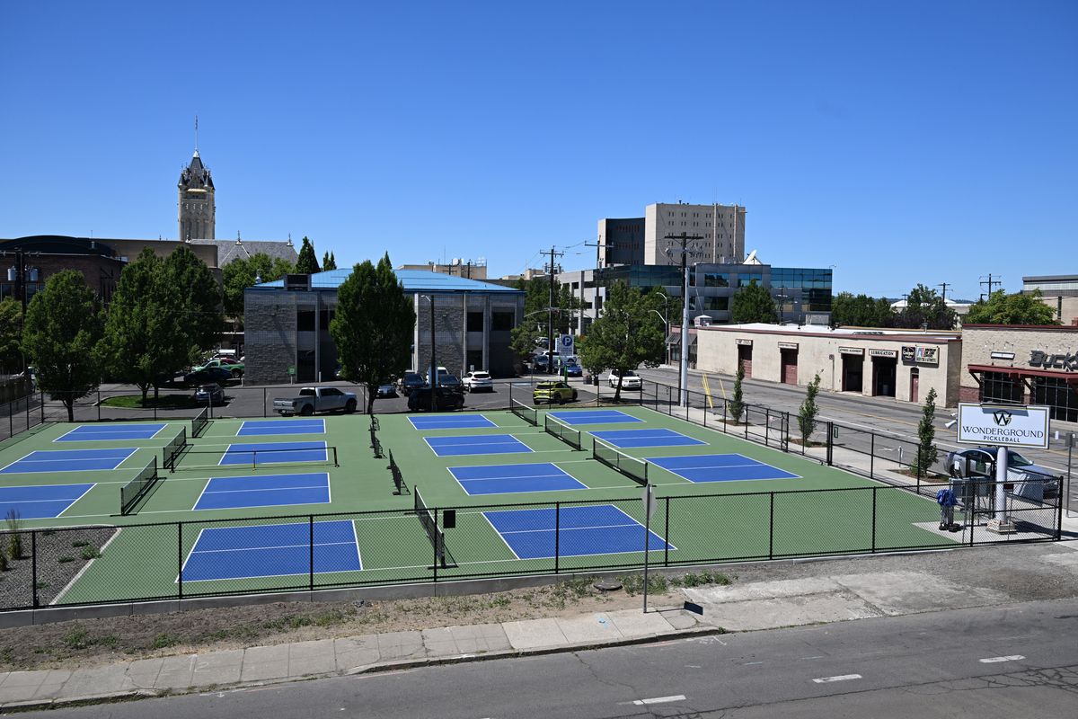 Wonderground, a recreation business with indoor golf simulators in the basement of the Wonder Building, has completed several Pickleball courts at the corner of Mallon and Post Street, shown Monday, June 30, 2025 in Spokane, Washington. (Jesse Tinsley/THE SPOKESMAN-REVIEW)