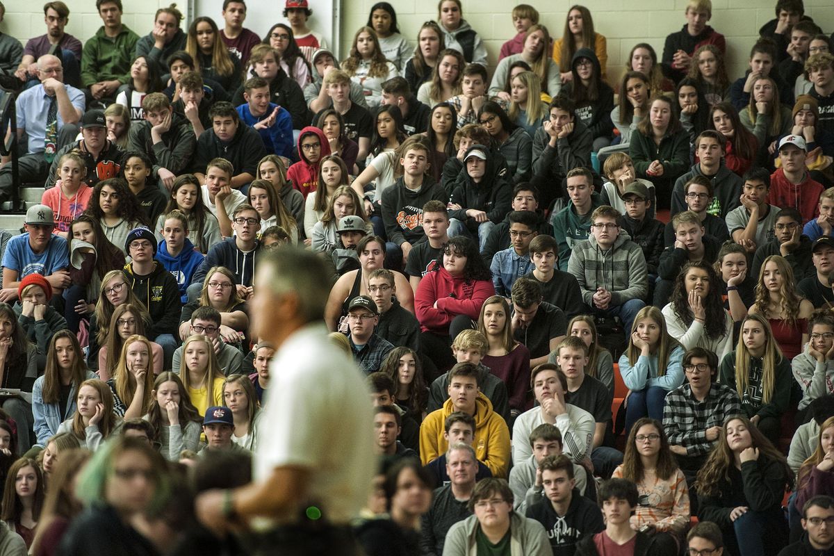 Students at West Valley School listen to Jesus Villahermosa talk about how to respond to an active shooter threat at the school on Tuesday. He is an expert in the area of active shooters and has 33 years in law enforcement. (Kathy Plonka / The Spokesman-Review)