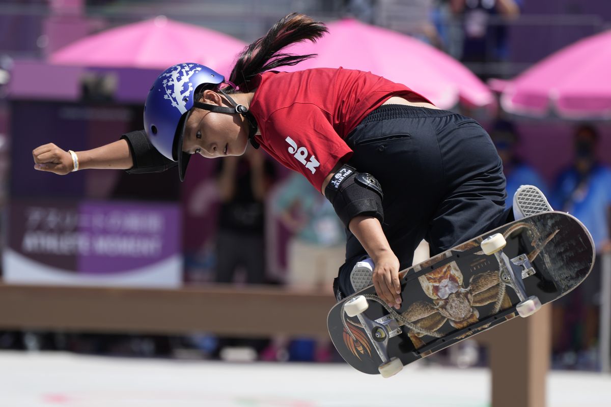 Sakura Yosozumi of Japan competes in the women's park skateboarding finals at the 2020 Summer Olympics, Wednesday, Aug. 4, 2021, in Tokyo, Japan.  (Ben Curtis)