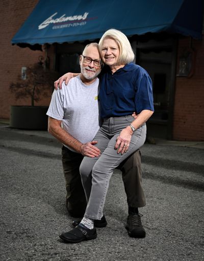Larry and LeAnn Adams met on a blind date at Lindaman’s in 1997. They only knew what type of clothing the other would be wearing. Every year on the anniversary of that blind date, they would go to Lindaman’s wearing the shirts they wore on that day. Now that Lindaman’s is closed, they don’t know where they will go to re-enact that first date. (Colin Mulvany / The Spokesman-Review)