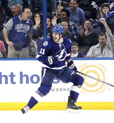 Tampa Bay’s Brian Boyle celebrates his second goal as the Lightning defeated Anaheim 5-3 on Sunday. (Associated Press)