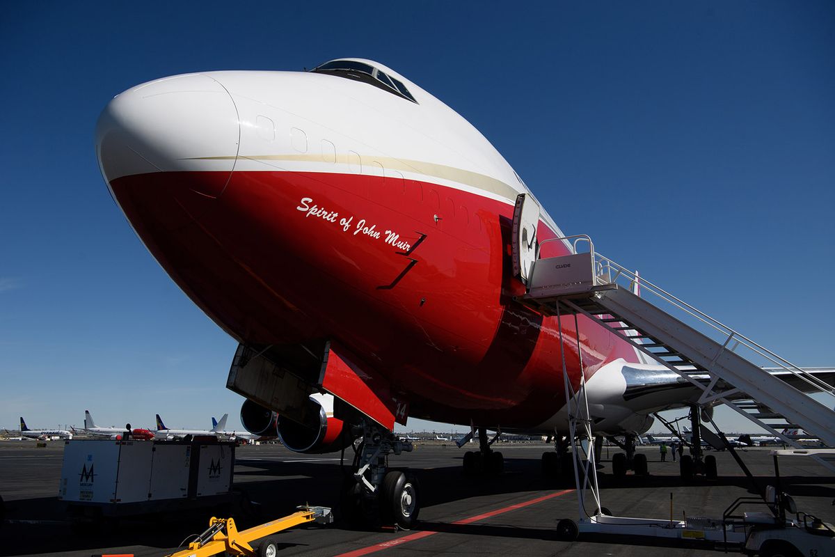 A Global Supertanker sits on the tarmac during a wildfire response demonstration hosted by AreoTEC on Tuesday, March 23, 2021, at Grant County International Airport in Moses Lake, Wash. The Global Supertanker is the worlds largest firefighting air tanker with the capability to drop more than 19,000 gallons of fire retardant or water. Washington DNR is hoping to call on the Global Supertanker if needed during the 2021 wildfire season.  (Tyler Tjomsland/The Spokesman-Review)