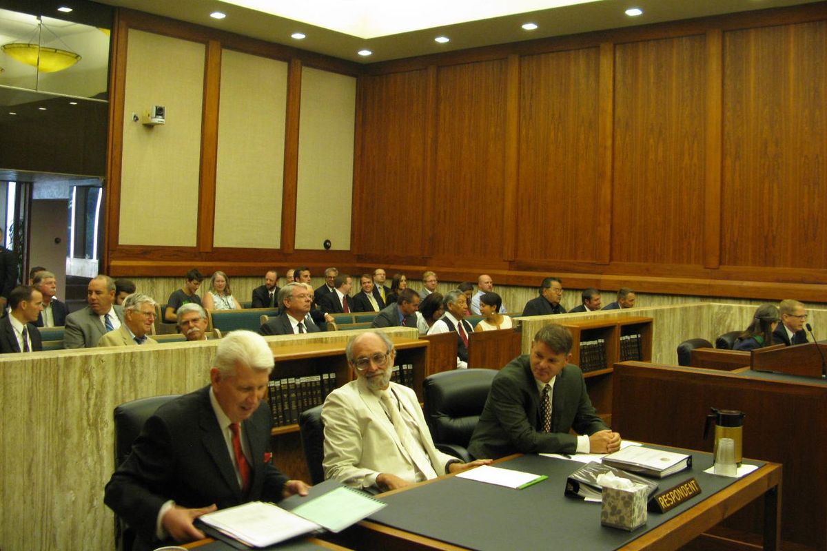 Attorneys, parties and the audience gather in the Idaho Supreme Court