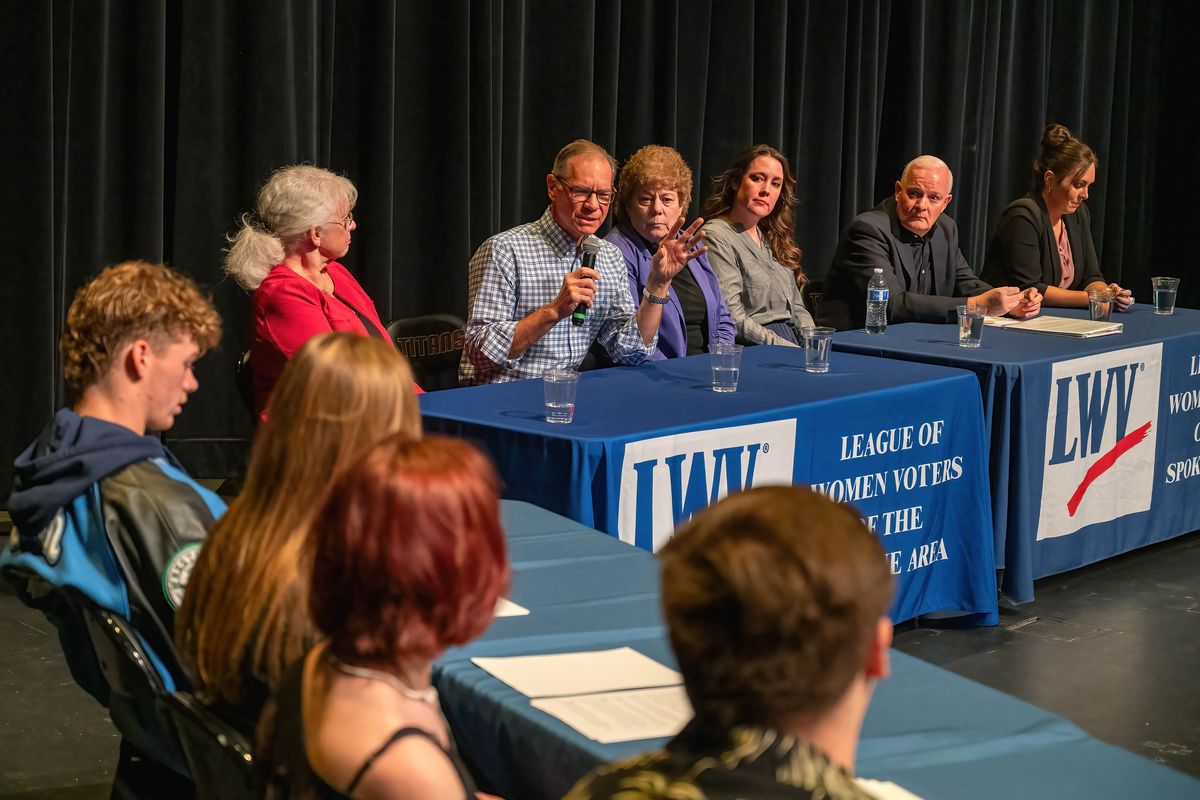 School board candidate Jeff Brooks speaks to a question about inclusion during a Central Valley School District candidate forum held Monday, Oct. 16, 2023, at University High School.  (COLIN MULVANY/THE SPOKESMAN-REVIEW)