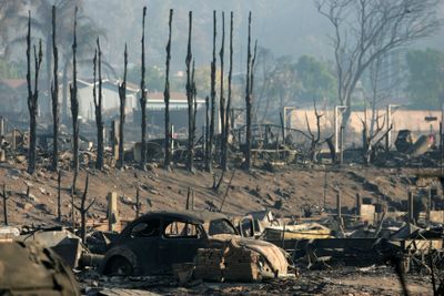 The aftermath of the wildfire is seen Monday at the Oakridge Mobile Home Park in Sylmar, Calif.  (Associated Press / The Spokesman-Review)
