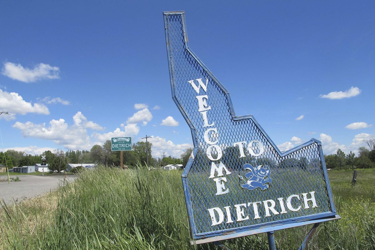 In this photo taken Thursday, May 26, 2016, a sign welcomes residents and visitors to the tiny town in Dietrich, Idaho. The small community is struggling with the national attention brought by reports that a disabled black football player was raped by his white high school teammates. (Kimberlee Kruesi / Associated Press)