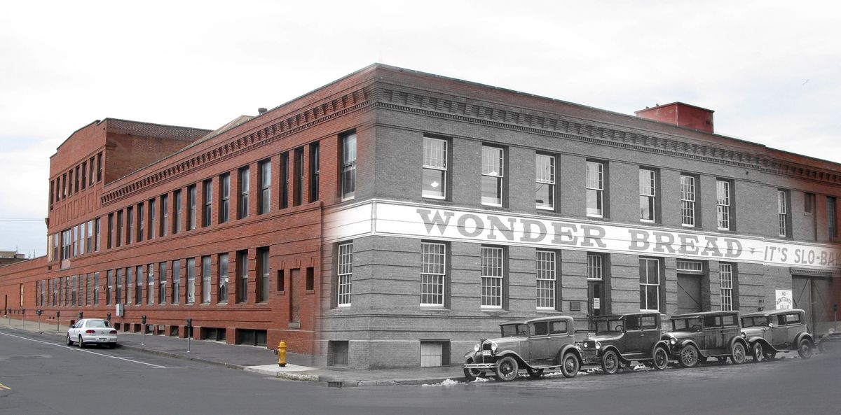 The old Continental Baking bakery on Broadway, between Post and Lincoln, is shown here alongside a historical photo, circa 1930, the heydey of the building when it baked Wonder Bread. (Jesse Tinsley / The Spokesman-Review)