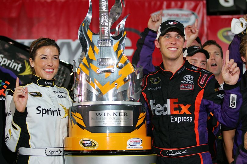 Denny Hamlin celebrates winning the Chevy Rock & Roll 400 at Richmond International Raceway, his second victory of the season. (Photo Credit: Todd Warshaw/Getty Images for NASCAR) (Todd Warshaw / The Spokesman-Review)