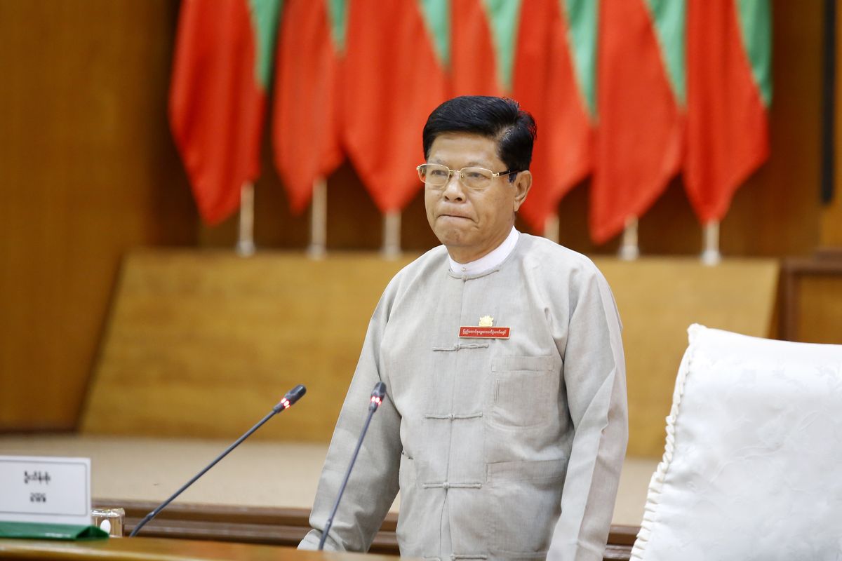Union Election Commission Chairman Thein Soe stands during a meeting with representatives of various political parties Friday, May 21, 2021 in Naypyitaw, Myanmar. The head of Myanmar