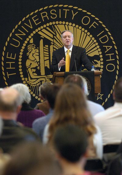 ORG XMIT: IDLEW101 FILE - In this Feb. 3, 2009 file photo, University of Idaho presidential candidate Duane Nellis speaks at a public forum during his official visit  in Moscow, Idaho. Nellis, The new president of the University of Idaho says he is well aware of the high expectations tied to his new job, but he's also convinced he's the right person to lead the school. (AP Photo/Lewiston Tribune, Kyle Mills, file) (Kyle Mills / The Spokesman-Review)