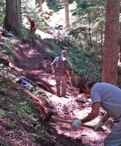 Spar Lake Trail #142-A is reconstructed on the Three Rivers District of Kootenai National Forest in Montana with the help of Friends of the Scotchman Peaks Wilderness volunteers Larry Siegrest, Howard Shay, Marjolein Groot Nibbelink, Matt Davidson and David Vosen.   (Ben Bernall / U.S. Forest Service)