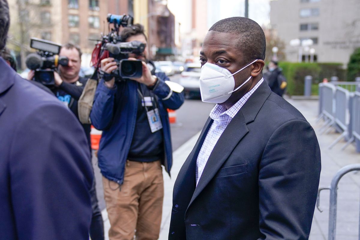 New York Lt. Gov. Brian Benjamin leaves the courthouse in New York, Tuesday, April 12, 2022. Benjamin has been arrested in a federal corruption investigation. Authorities said the Democrat was arrested Tuesday on charges including bribery and falsification of records.  (Seth Wenig)