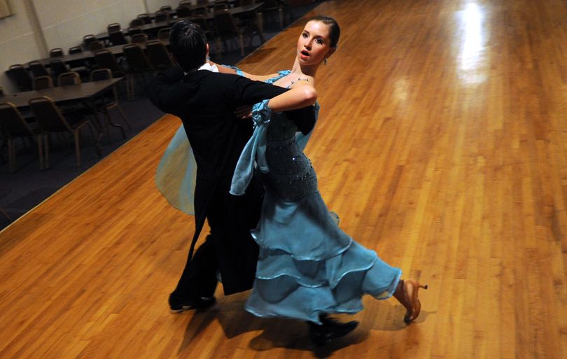 Nick Kane and Bayley Brooks dance at the Coeur d’Alene Eagles Lodge Ballroom early last month. Dance partners only since June, the pair have proved to be a quick study.