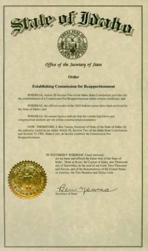 Order of the Idaho Secretary of State, establishing new redistricting commission