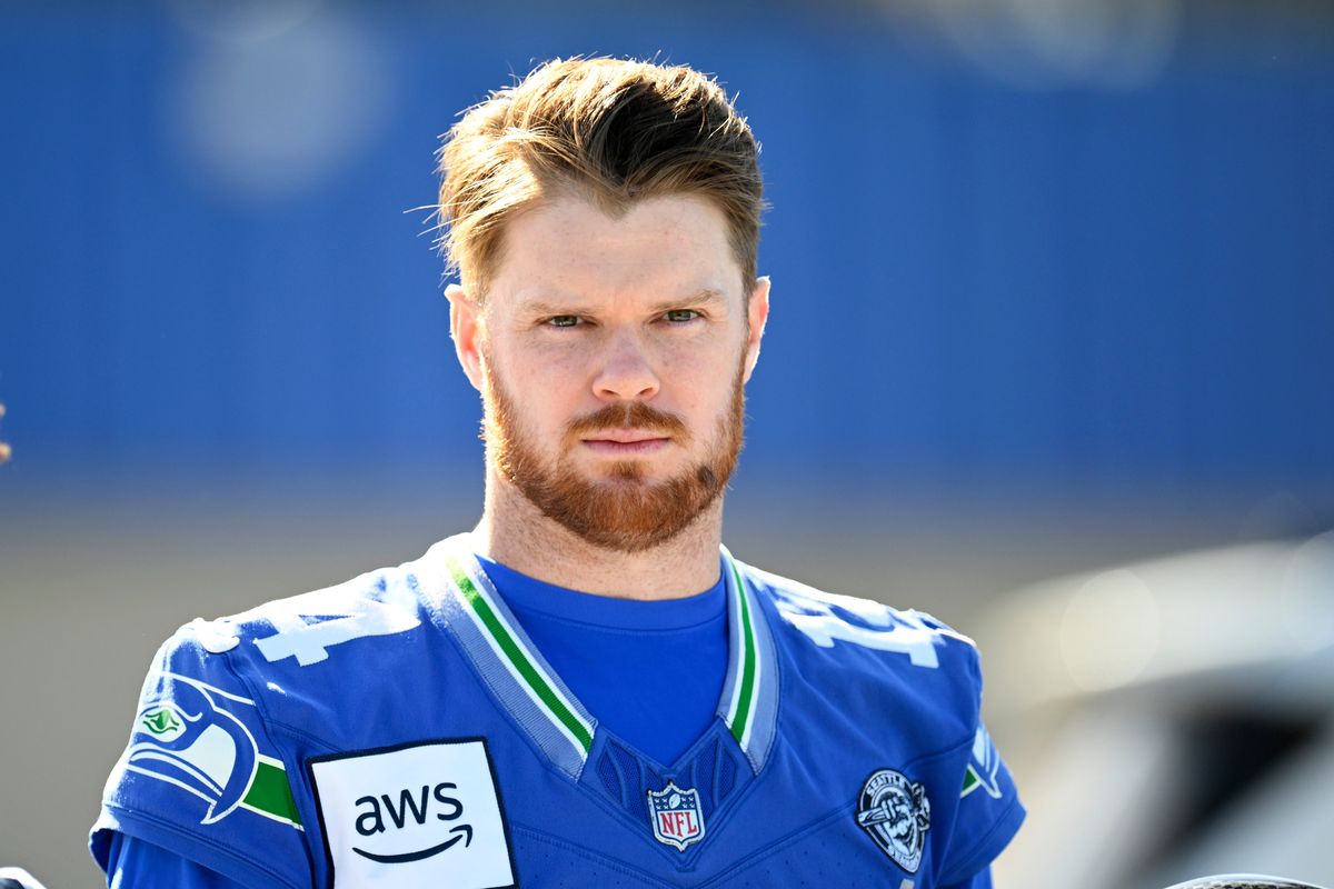 Seahawks quarterback Sam Darnold looks on during a practice ahead of Super Bowl 60 on Friday at San Jose State University in San Jose, Calif. (Getty Images)