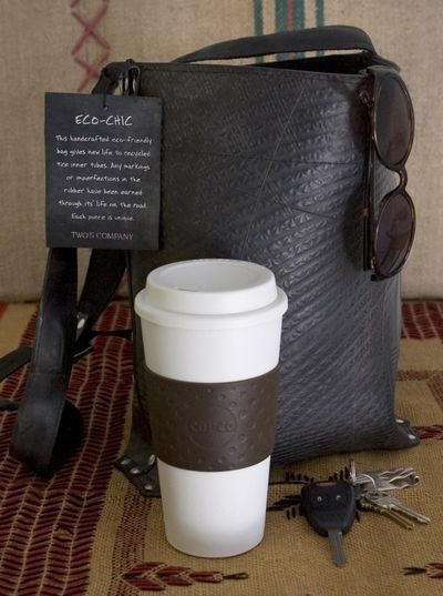 Make Mine Reusable
This year, 23 billion disposable paper coffee cups will be recycled or, worse yet, tossed in the trash. Most of those cups were manufactured using 100 percent bleached virgin paperboard, as recycled paper just isn't strong enough to hold hot liquids. AND they're laminated with polyethylene to keep beverages hot and prevent leaking. That's why my employees received the gift of a reusable coffee cup -- just fill, drink, wash and repeat! And it looks like the paper version, so you won't feel deprived of your coffee-to-go fix. Try the Eco-First Acadia Mug from Copco (www.copco.com), about $8. And did you know you can buy eco-chic purses made from 