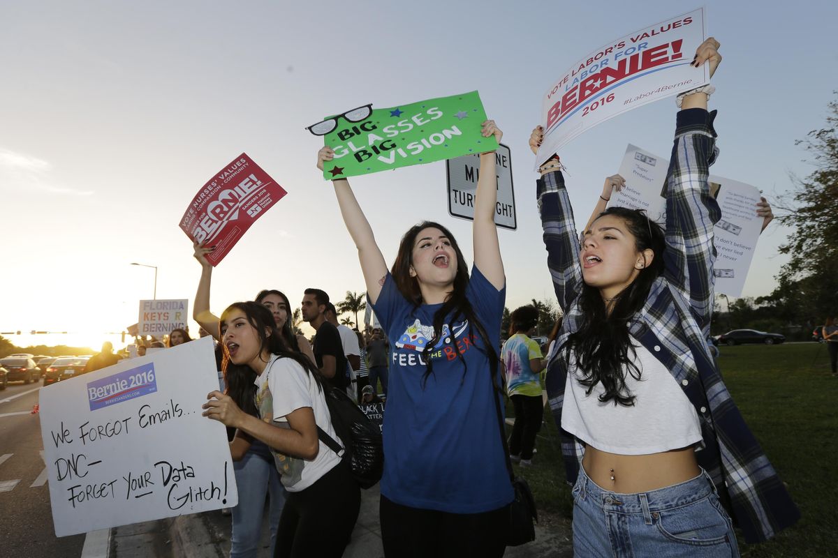 Supporters of Democratic presidential candidate, Sen. Bernie Sanders, I-Vt, line the streets outside Miami-Dade College before the Univision, Washington Post Democratic presidential debate Wednesday in Miami. (Alan Diaz / Associated Press)