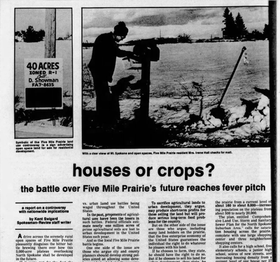The question posed by a Spokesman-Review headline in its Sunday magazine cover story on March 9, 1975 was about the future of Five Mile Prairie: “House or crops?” (Spokesman-Review archives)