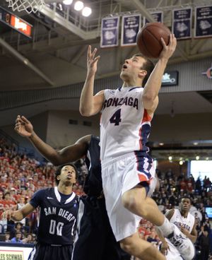 Gonzaga guard Kevin Pangos (4) made six of eight shots on his way to 18 points. (Colin Mulvany)
