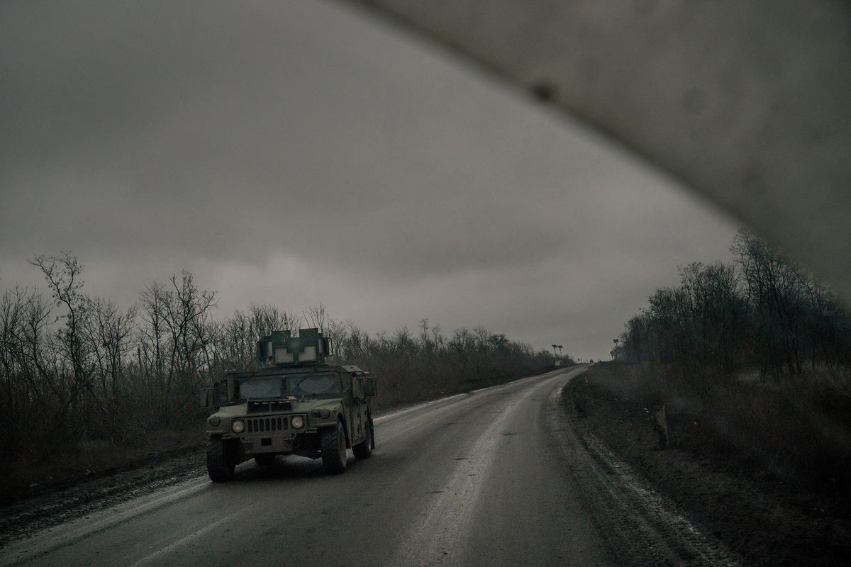 A Ukrainian-operated Humvee on the road between Kostyantynivka and Bakhmut on Thursday.    (Wojciech Grzedzinski/For The Washington Post)