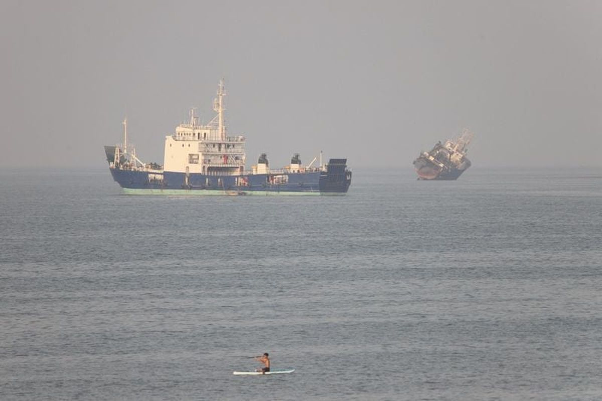 Vessels in the Strait of Hormuz near the beach of Bandar Abbas, Iran on Sunday. (Reuters )
