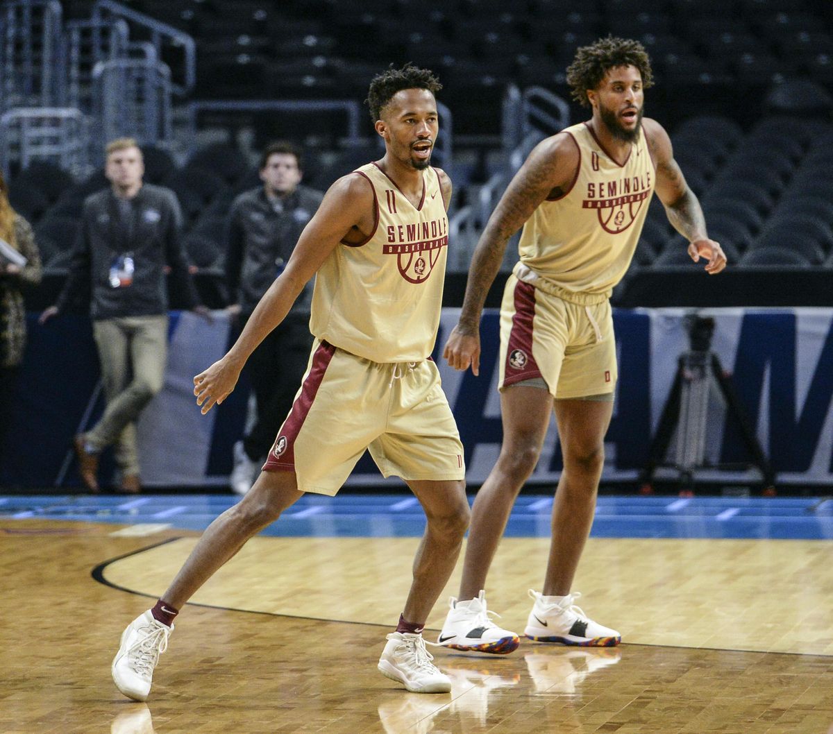 Florida State guard Braian Angola, left, and forward Phil Cofer, line up for defense as teammates run the Gonzaga offense during practice, Wednesday, March 21, 2018, at the Staples Center in Los Angeles. (Dan Pelle / The Spokesman-Review)
