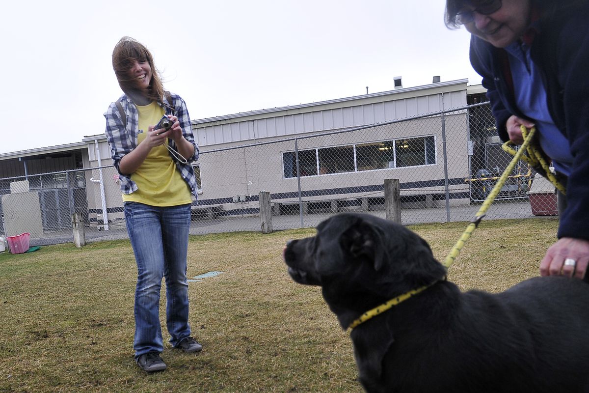 SCRAPS volunteer Shayna Beeching, 17, tries to get a photograph of a dog held by volunteer coordinator Francine Moniz at the shelter in Spokane Valley on Thursday. “I’m definitely putting volunteering on my applications,” Beeching said. (Jesse Tinsley)