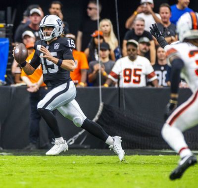 Las Vegas Raiders quarterback Gardner Minshew looks to pass against the Cleveland Browns on Sunday during a game at Allegiant Stadium in Las Vegas.  (Tribune News Service)