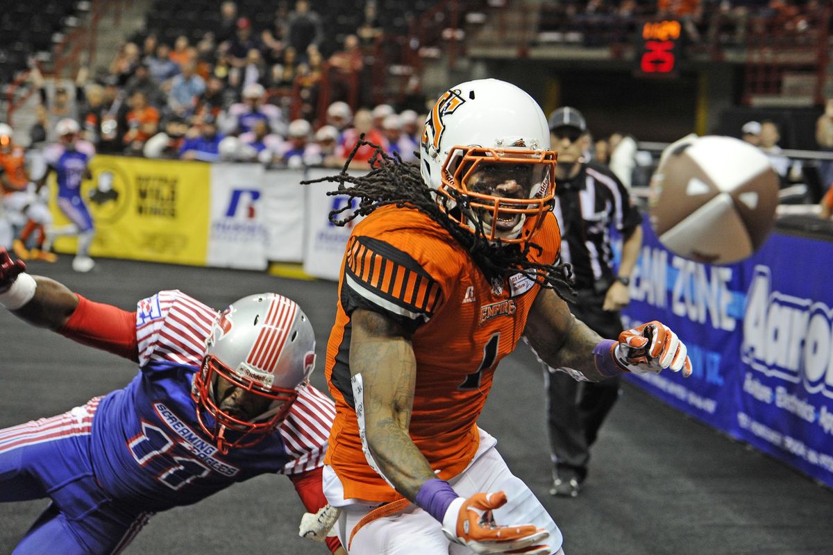 Salt Lake Screaming Eagles defensive back James Calhoun (11) knocks the ball away from Spokane Empire wide receiver Samuel Charles (1) during a IFL football game, Sunday, April 30, 2017, in the Spokane Arena. (James Snook / Special to The Spokesman-Review)