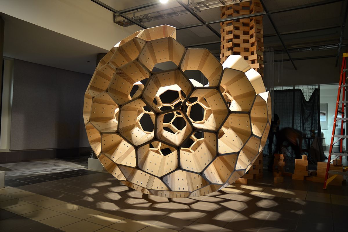 A plywood structure created as part of research leading toward construction of a geodesic pavilion on WSU’s Pullman campus is among pieces on display at the Museum of Art’s “Behind the Scenes” exhibit. The team that made the structure was led by Arash Adel, of the university’s School of Design and Construction.