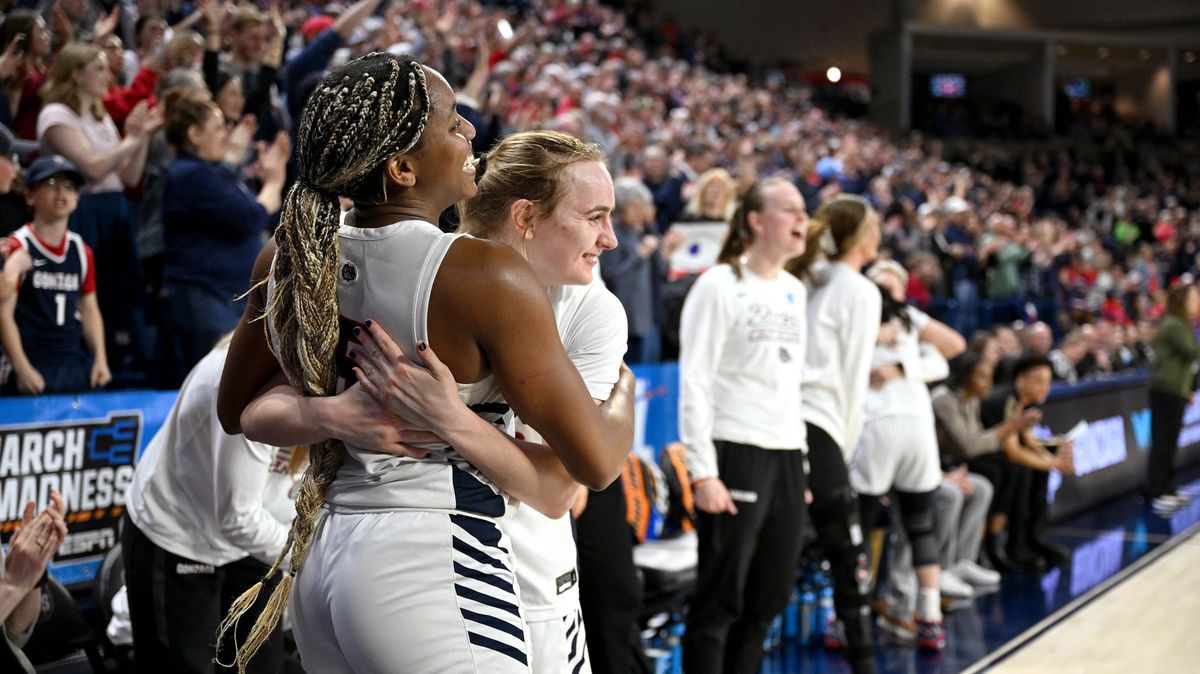 Gonzaga forward Yvonne Ejim (15) and Gonzaga guard Brynna Maxwell (22) as the Zags defeat Utah 77-66 during a NCAA Division 1 second round college basketball tournament game, Monday, March 25, 2024, in the McCarthey Athletic Center.  (COLIN MULVANY)
