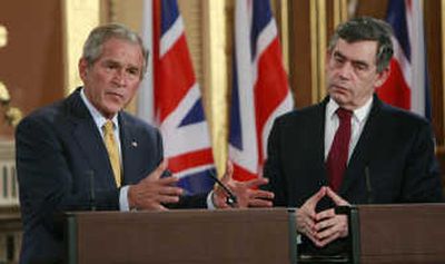 
President Bush and British Prime Minister Gordon Brown speak at a joint news conference in London Monday. Associated Press
 (Associated Press / The Spokesman-Review)